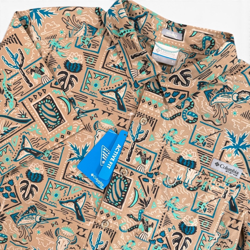 COLUMBIA Wild Cast Camp Shirt Mens L Tan Graphic Print PFG Outdoor Active Fit